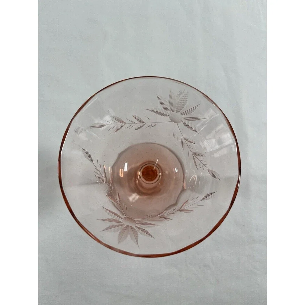 Lot o f 2 Vintage Pink Depression Martini Glass Floral Etched #675